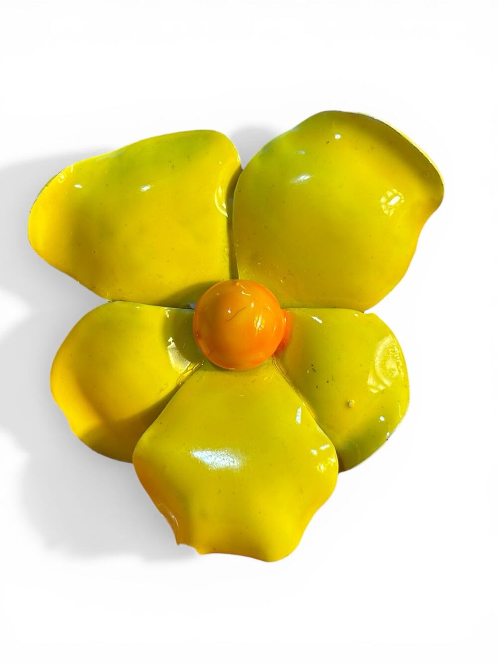 Vintage Yellow Enamel Flower Brooch Orange Center Bold Mod Floral Gold Tone Pin